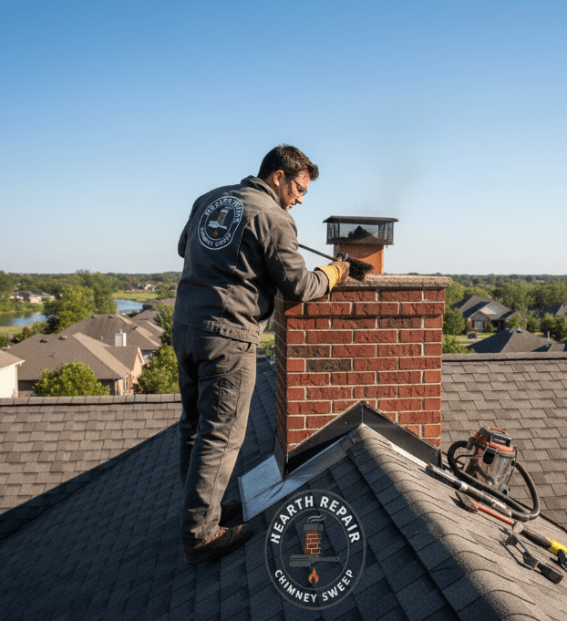 Professional chimney sweep technician working on a brick chimney in Houston
